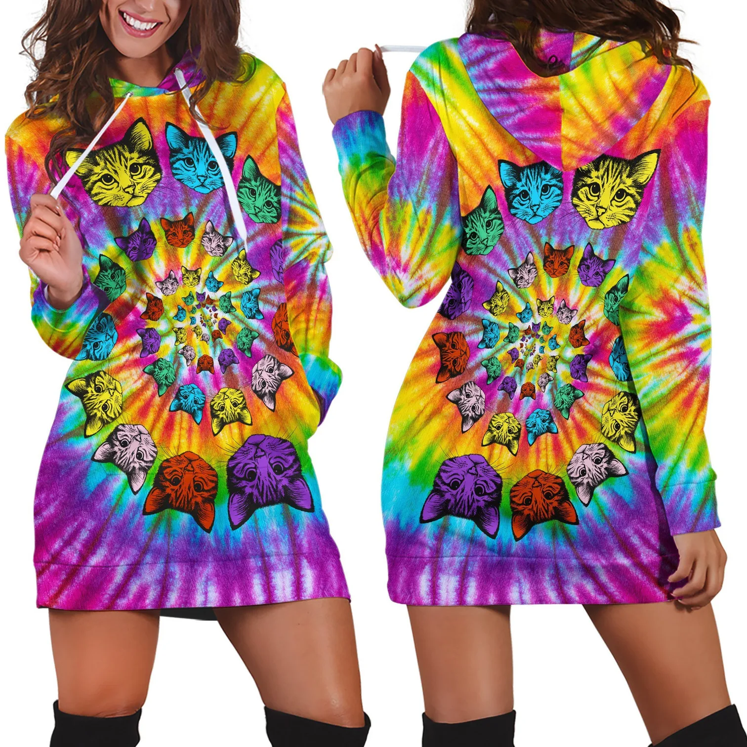 

Tie Dye Hippie Cat 3D All Over printed Hoodie Dress Harajuku Streetwear Pullover Unique Woman