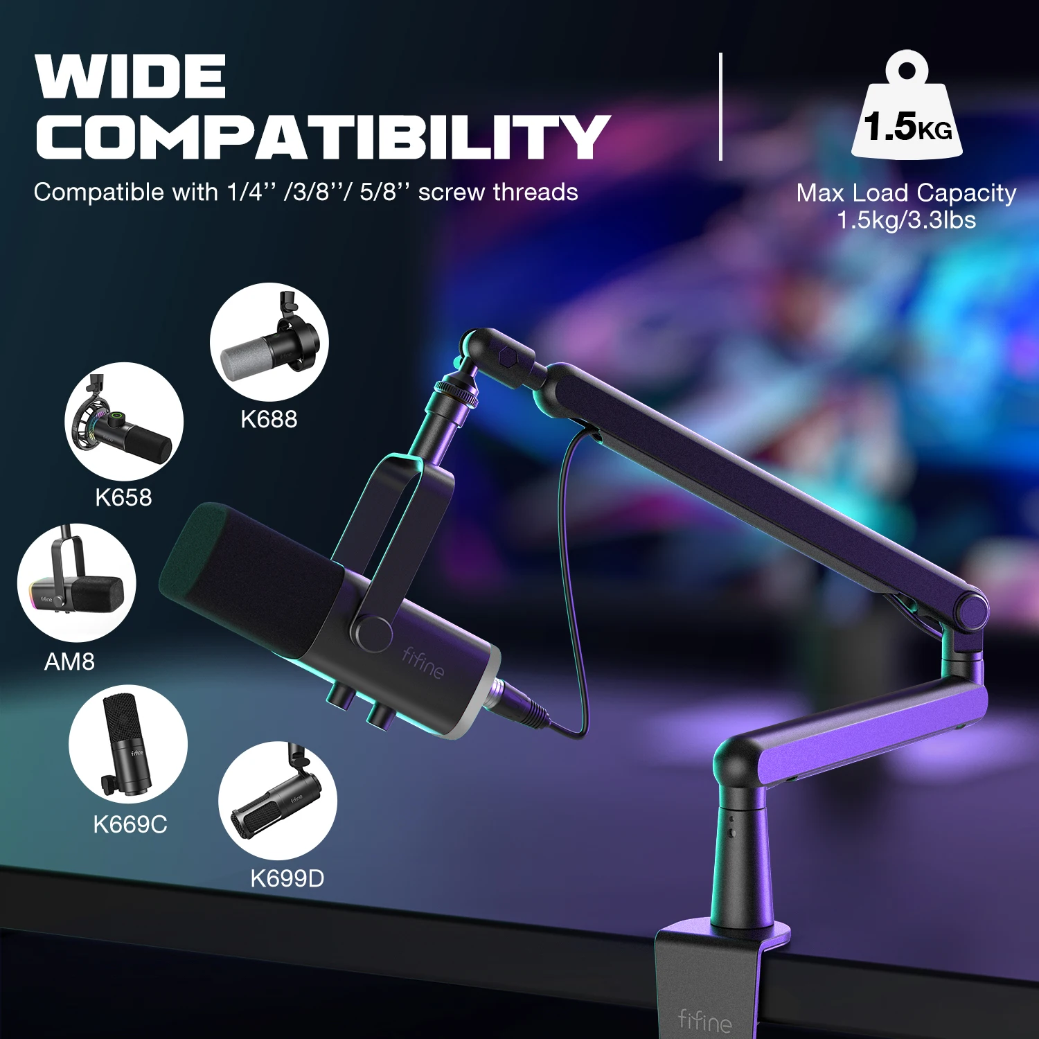 FIFINE Microphone Arm, Flat Adjustable Tripod with Microphone Clamp, Screw Adapter, Cable Management for Podcast, Streaming, Gaming, Studio