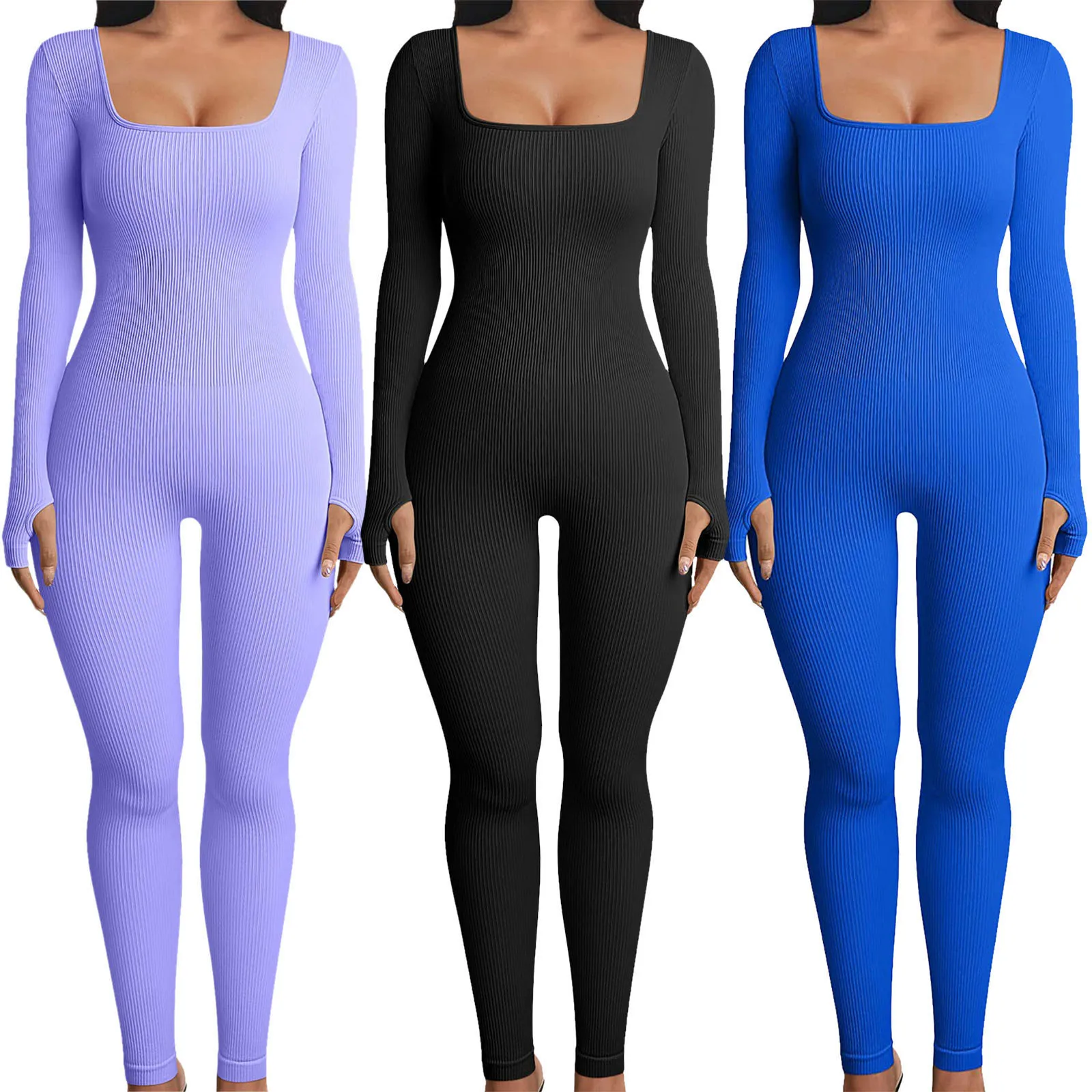 

2023 Long Sleeve Square Neck Skinny Solid Stretchy Bodycon Jumpsuits Autumn Winter Women Fashion Streetwear Outfits Rompers Y2k
