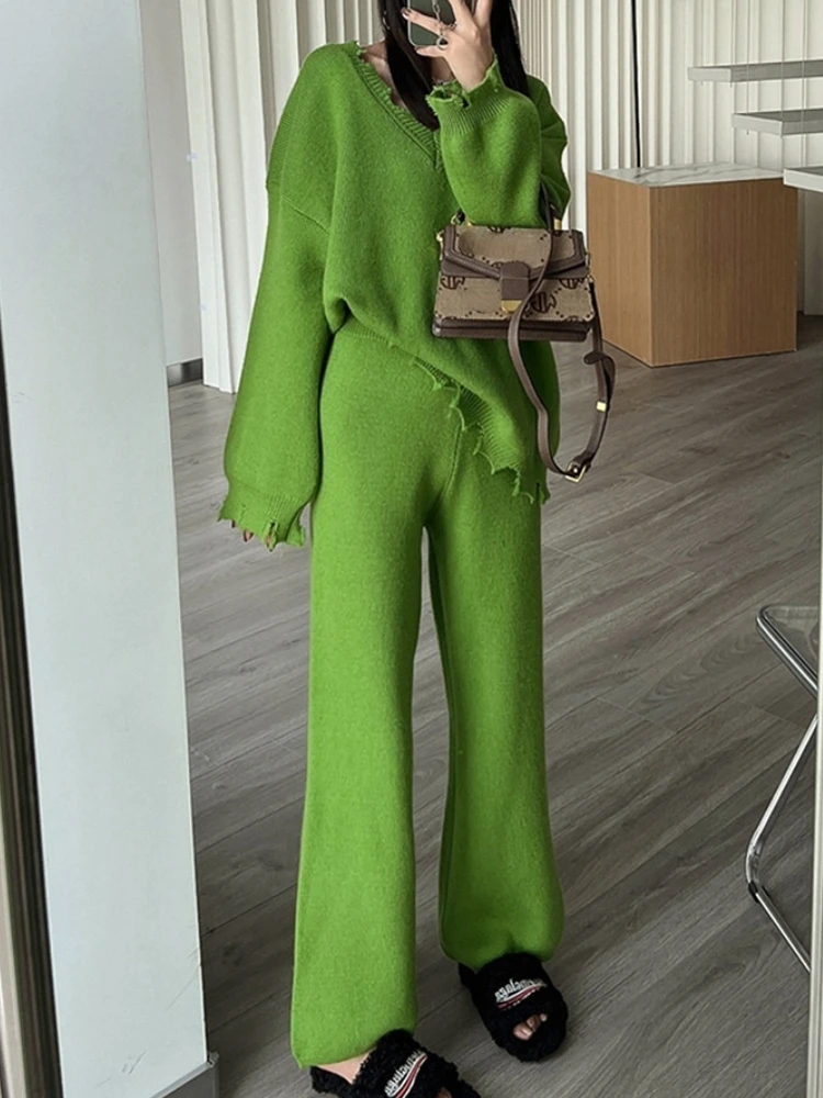 

Autumn Winter Elegant Casual Women Knitted Pantsuit Vintage Solid Sweater Tops and Pants 2 Pieces Set Female Chic Party Outfits