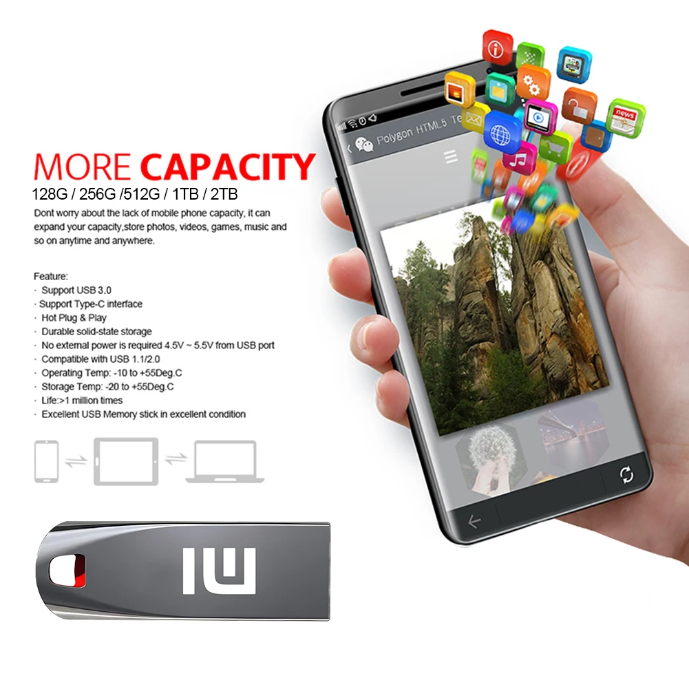 Xiaomi USB Flash Drive 2TB OTG Metal USB 3.0 Pen Drive Key 1TB 512GB Type C High Speed Pendrive Mini Flash Drive USB Memoria
