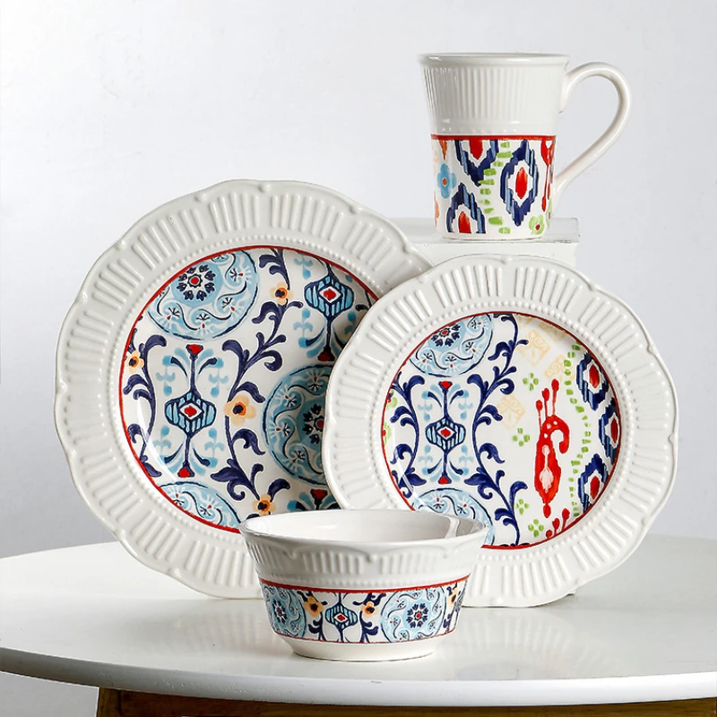 

Irregular Ceramic Flat Steak Plates, Household Tableware, Underglaze Color, European and American, Creative Relief, 9-in