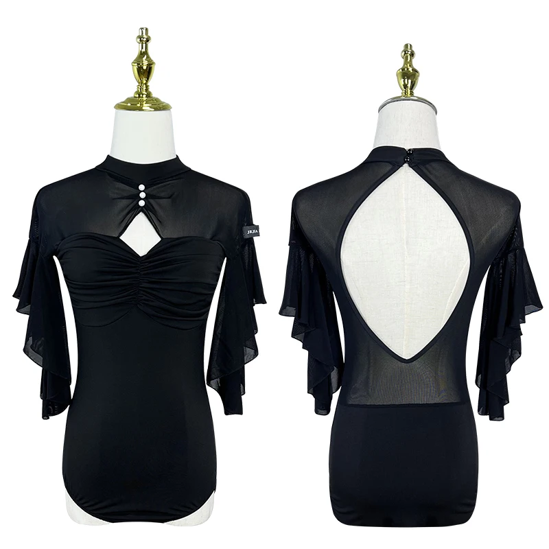 

Ballroom Dance Tops Women Fairy Sleeves Black Bodysuit Adult Latin Dance Practice Clothes Rumba Waltz Dance Clothing DNV18873