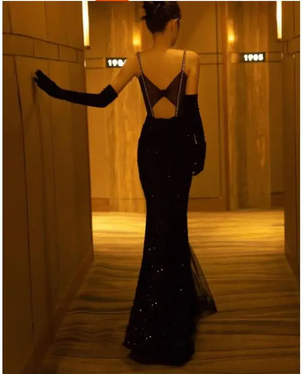 

Черное женское вечернее платье, облегающее, модное, сексуальное платье с открытой спиной