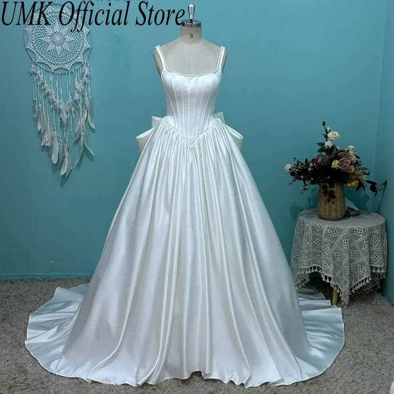 UMK Luxury Square Neck Sleeveless Puffy Satin Wedding Dress Pearl Bow  Lace-up Vintage Bridal Gowns customized - AliExpress 320
