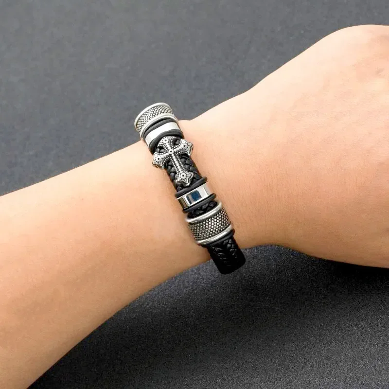 Hand Woven Leather Cross Bracelet Magnetic Clasp Men's Fashion Pendant Religious Amulet Jewelry leather bracelet leather magnetic bracelet