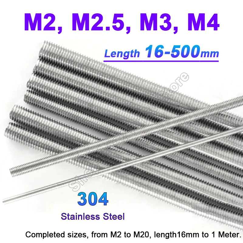 M2 M2.5 M3 M4 Full Threaded Rod Fully Metric Thread Rods Shaft Bar Screws 304Stainless Steel Bolt Stud L = 16-500mm DIN975 1-10Pcs stainless steel screw stainless steel screws threaded rod bolt