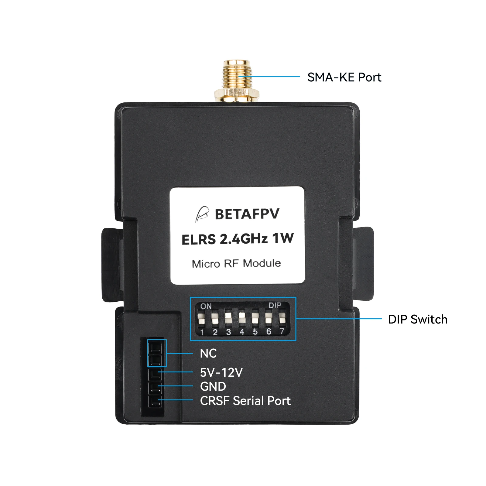 Module émetteur ELRS 2.4GHz 1W BETAFPV installé sur une radiocommande TX12, vue d'ensemble.