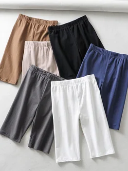 sexy women cotton high waist elastic pure color slim Knee-Length biker shorts female 1