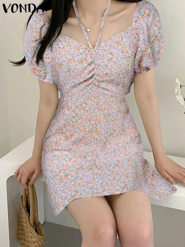 

Женское летнее Мини-Платье VONDA, сексуальный сарафан с цветочным принтом, модель 2023 года, женское платье с квадратным вырезом, халтер с коротким рукавом