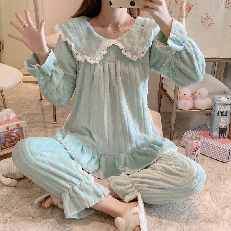 Lace Sleepwear Women Pajamas Set Winter Fleece Velvet Pajama Pants Fluffy Korean Solid Cute Piiama Night Wear Warm Home Suit New