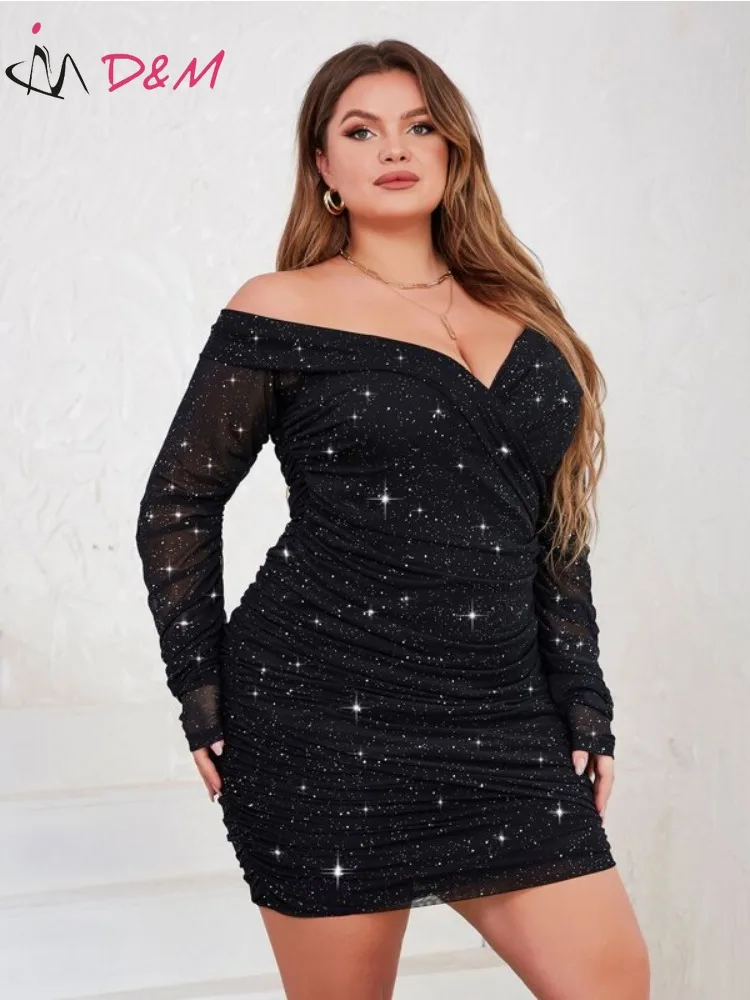 

D&M Brand Plus Off Shoulder Ruched Glitter Bodycon Dress Prom Party Dress for Women 2023 Nightclub Sexy Vestidos Para Mujer