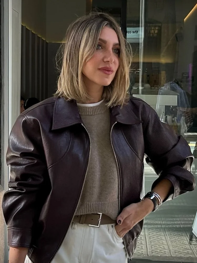 Vintage Solid Women's Pu Leather Jackets With Pockets Fashion Lapel Zipper Buttons Coats 2024 Autumn Chic Lady High Streetwear 6