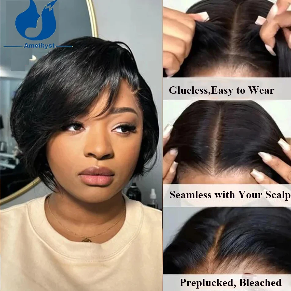 

Amethyst 13x6 Pixie Cut Short Bob Lace Wig with Side Bang For Women Lace Frontal Wig Brazilian Glueless Remy Hair Natural Black