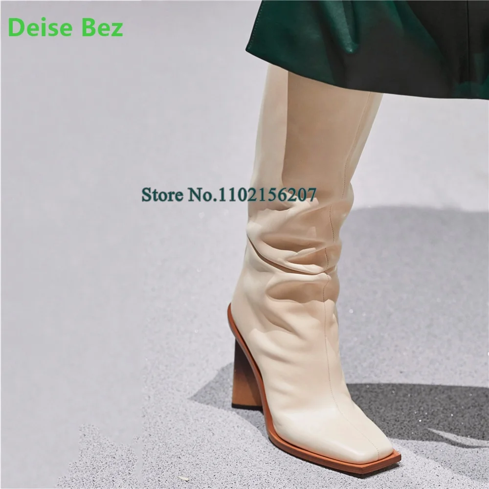 

Wood Grain Strange Heel Boots For Female Women Sqaure Toe Solid Knee-high Slip-on Handmade Fashion Runway Elegant Winter Shoes