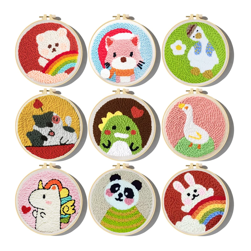 Cute Pattern Punch Needle Starter Kits Soft Yarn Punch Needle Embroidery Kit Easy Embroidery Needlework Wool Work Home Decor