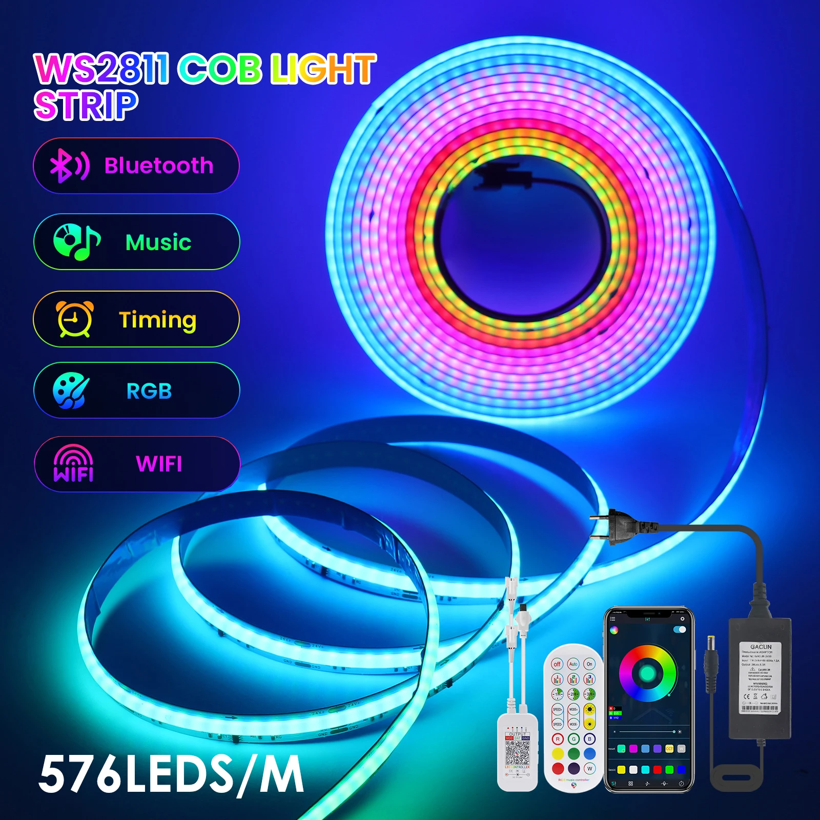 

Tuya WiFi Bluetooth WS2811 Dream Color COB RGB LED Strip Light 10mm PCB DC12V 24V Addressable 576Leds/m High Density COB Light