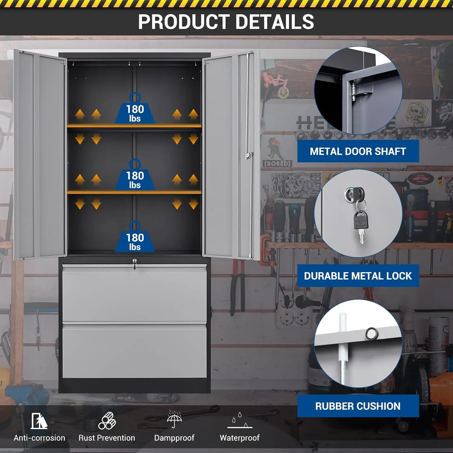 71" Metal Storage Cabinet with Lock Large Lockable Garage Tool Cabinet with Drawers and Shelves Tall Steel Heavy-Duty Cabinet 6