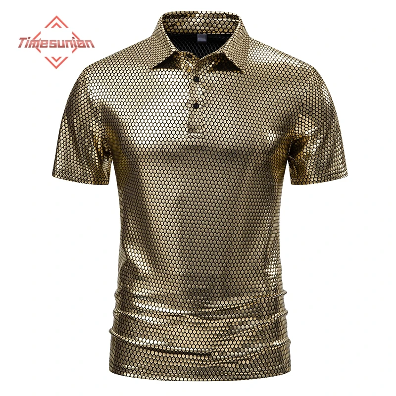 

Summer Cool Polo Shirt Men Fashion Bright Surface Lapel T-shirt Hip Hop Nightclub Street Costume Micro-stretch Short-sleeve Tee
