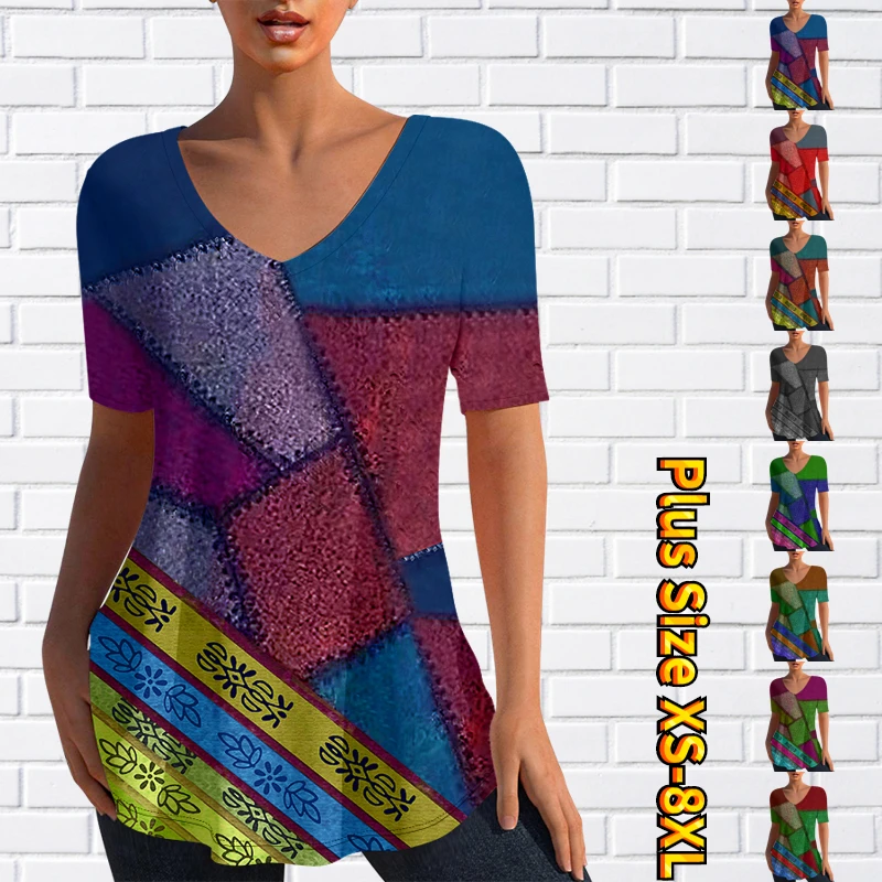 

2023 Women's Pullover Top V-neck Summer Slim Fitting Waistband T-shirt 3D Printed Top Women's Casual Short Sleeved Women's Top