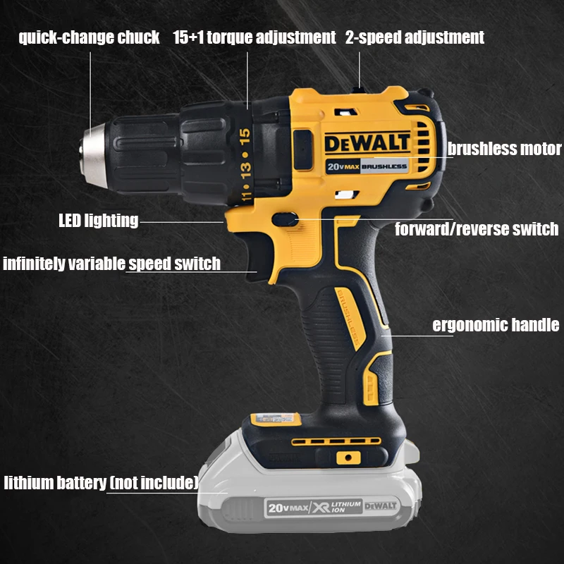 DEWALT 무선 전기 임팩트 드릴, 브러시리스 모터, 리튬 배터리 전동 공구, 65 Nm 토크, DCD7771