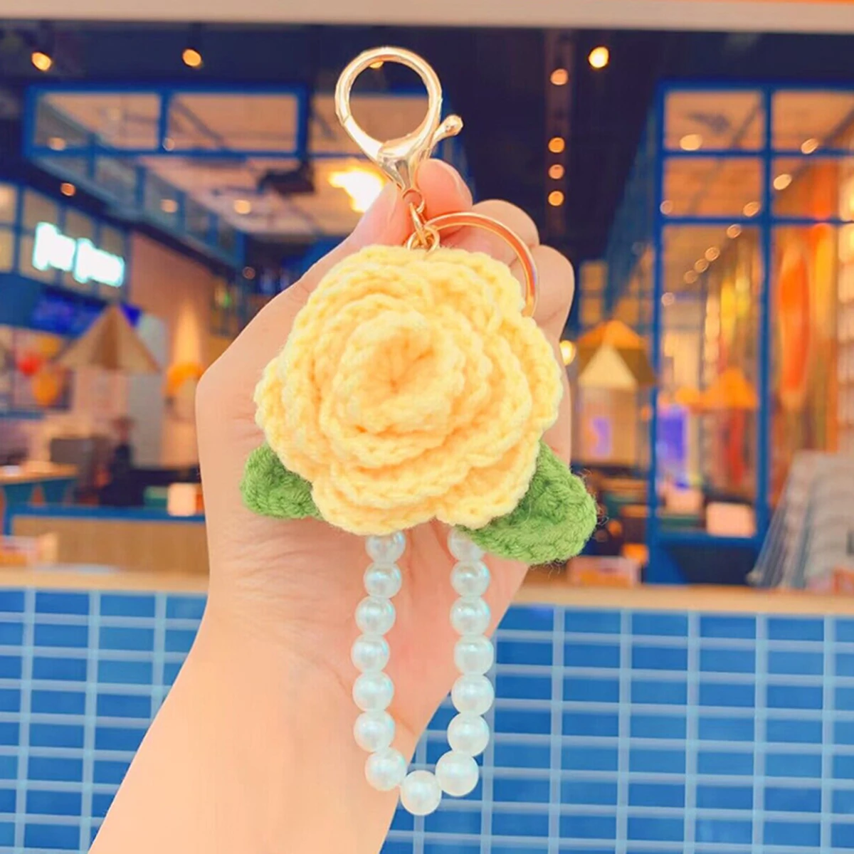 New Crochet Rose Camellia Flowers Keyrings Imitation Pearls Chain Keychain Women Girls Key Chains Rings Charm Bag Gifts 3