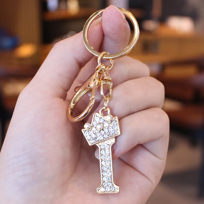 26 Initial Letter Rhinestone Keychain For Women Charm Crystal Crown Gold Plated Key Ring Bag Car Key Chains DIY Accessoreis