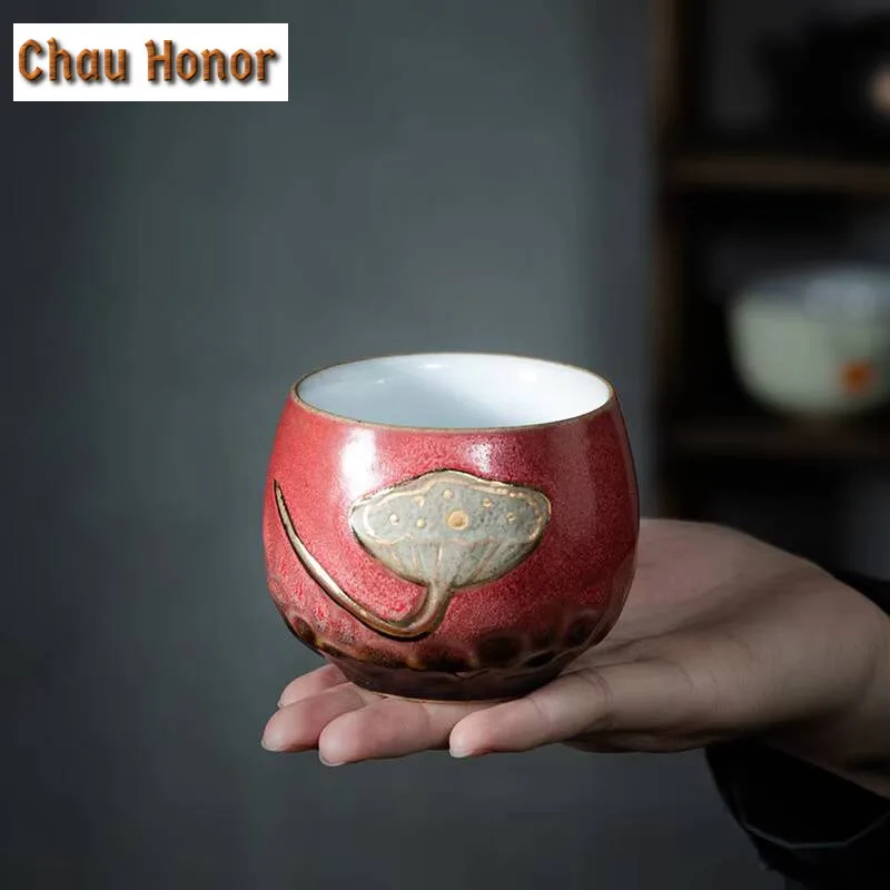 High-end Retro Lotus Embossed Ceramics Master Cup Handmade Household Travel Kungfu Teaset Tea Ceremony Accessories Birthday Gift