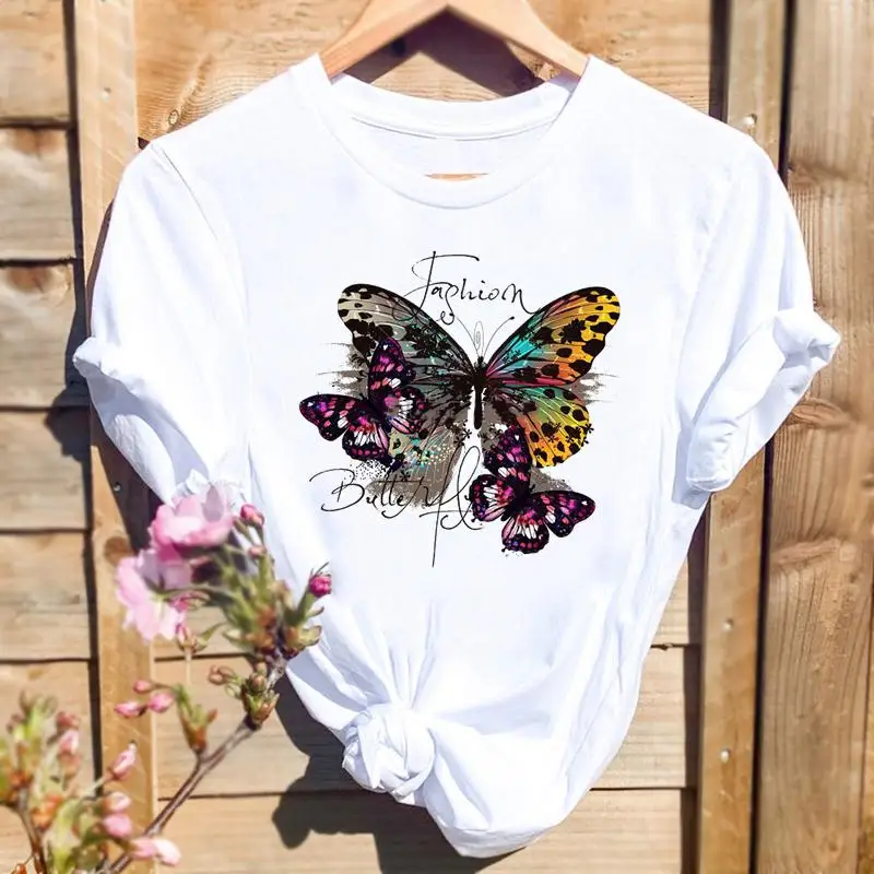 2024 Neues Damen-Kurzarm-T-Shirt, Sommer, frisch bedrucktes Schmetterlings-T-Shirt, hochwertiges Damen-Shirt mit kurzen Ärmeln – Detail 5