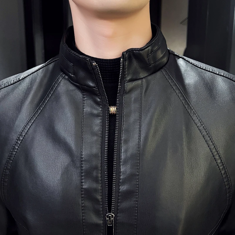 Autumn and Winter Men's Leather Jacket Outdoor Bicycle Windproof Stand Collar Zippered Warm Coat Casual Business Men's Clothing