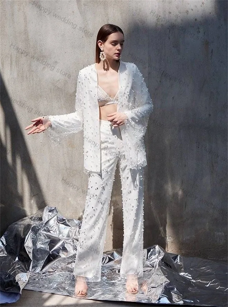 

Luxury Pearls Women Suit Set Blazer+Pants 2 Pieces White Wedding Tuxedos Elegant Jacket Coat Trousers Prom Dress Custom Made