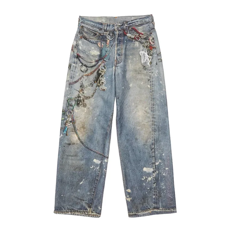 Straße 3D-gedruckte Candy Chain Denim Washed Jeans Baggy Fashion Curved Blade Harem Jeans Hosen Männer Y2k Hose mit weitem Bein – Detail 8