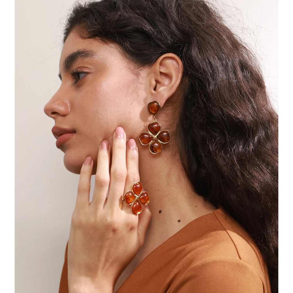 Yhpup Amber Resin Drop Earrings Ring Set