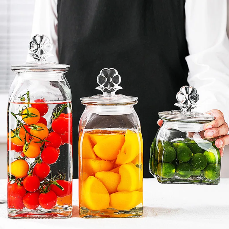 Nordic Flowers Transparent Glass Storage Jar Square Candy Food Storage Bottle Coffee Tea Sealed Jar Kitchen Utensils Decoration 5