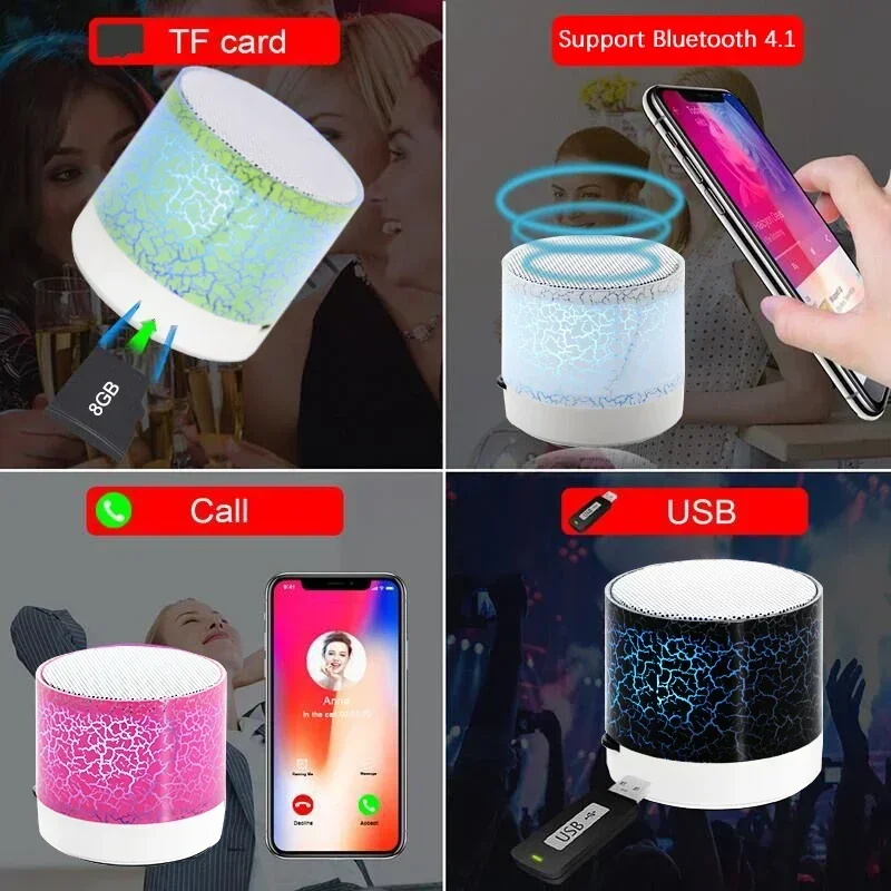 A9 미니 무선 라우드 스피커, 블루투스 호환 스피커, MP3 스테레오 오디오 음악 플레이어, 크랙 LED TF USB 서브우퍼 스피커