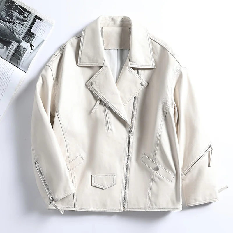 

Leather Jacket Lady Spring Autuumn Fashionable Sheepskin Loose Coat Female Genuine Outerwear Large Size Slimming Tops
