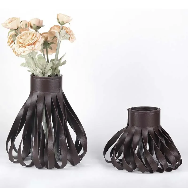 Modern Leather Glass Vase Home Decoration Hydroponic Flower Arrangement Tabletop Dried Flower Vase Creative Skirt Vase Ornament 4