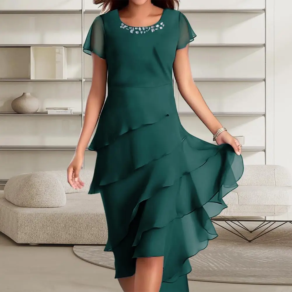 

Chiffon Gown Dress Elegant Beaded Decor O-neck Midi Dress with Layered Cake Hem for Wedding Guests Parties Elegant Short Sleeve