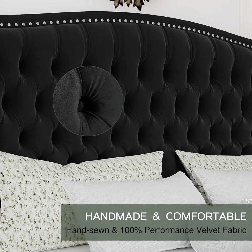 King Platform Bed Frame with Wingback Headboard, Velvet Upholstered Beds Frames with Handmade Button Tufted, King Bed Frame 3
