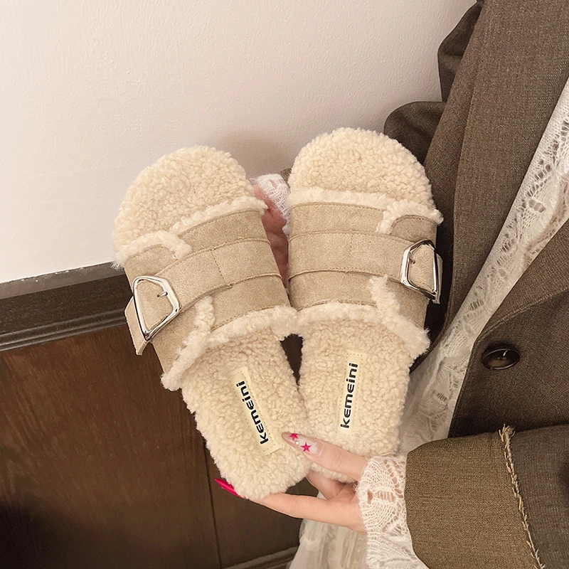 Aphixta Suede Upper Metal Buckle Dec Women Warm Cotton Slippers Flat With Woman Shoes Round Toe Slip On Fashion Ladies Shoes