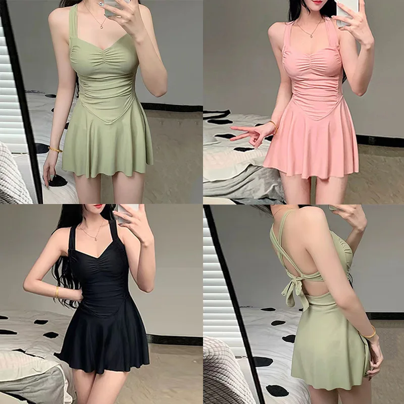 2024 New Sexy One Piece Swimsuit Swimwear Women Solid Color Slip Swim Dress Monokini Bathing Suit High Waist Beachwear Femme