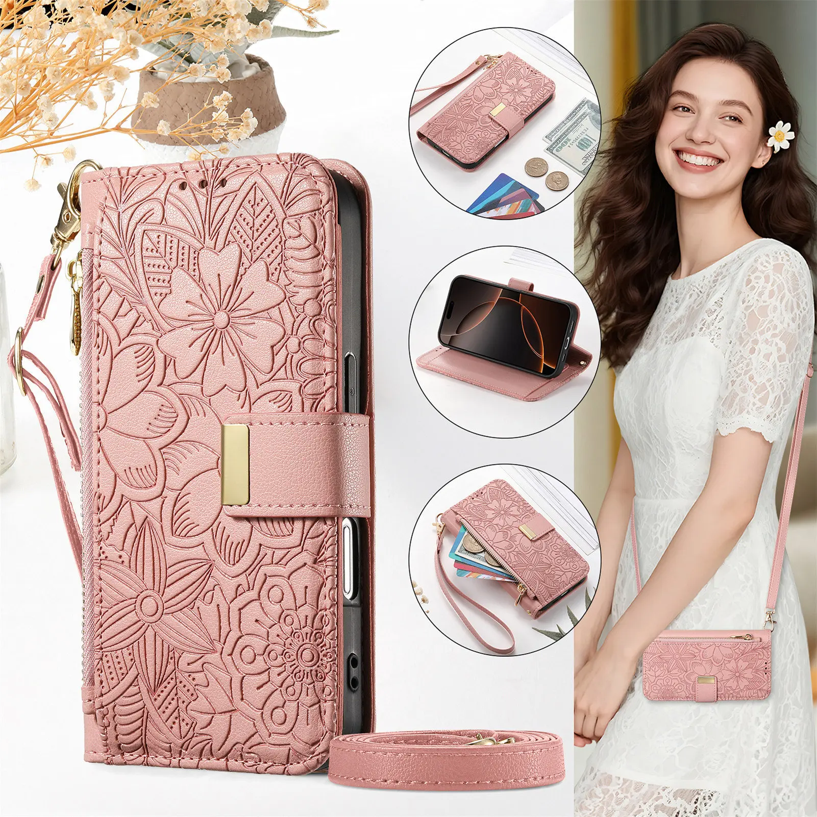Petal Flower Leather Flip Cover Crossbody Zipper Wallet Case - Multi 6 Cards Capacity