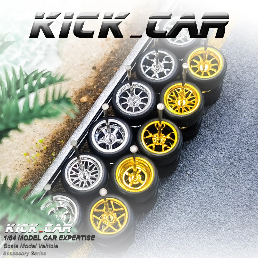 

1/64 Kickcar Electroplated Wheels Rubber Tires Spoke Detail-up Modified Kit for 1:64 Hotwheels Model Car Toy Wheel Kit 4pc/bag