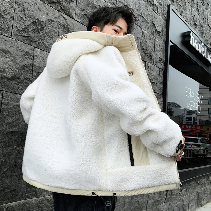

Winter Men's Lamb Wool Coat Solid Thicken Hooded Zipper Warm Wind-proof Fashion Casual Letter Decor Male Quality Cotton Jacket