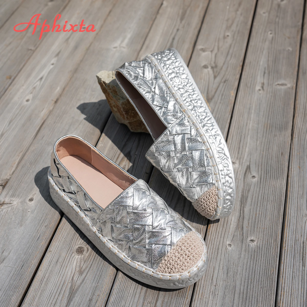 Aphixta New Flat Platform Women's Casual Shoes 4.5cm Chunky Heels Silver Gold Loafers Weave Design Autumn Woman Flats Size 35-43