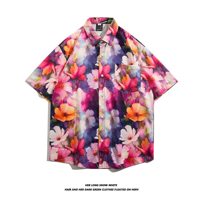 Hawaiian Flower Short Sleeved Shirt Korean Version Fashionable Men's And Women's High-Quality Beach Loose Travel Vacation Shirt