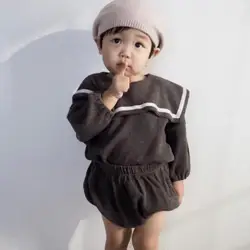 Vêtements à manches longues 9M 3T pour bébés garçons, ensemble 2 pièces, tricot, col bleu marine, hauts + Shorts en Pp, tenue douce et confortable pour bébés filles 