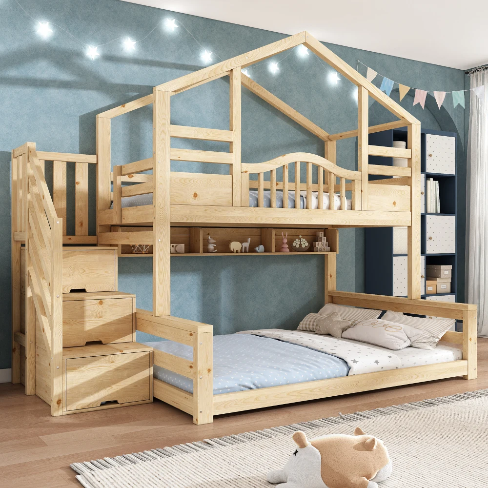 90x200/140x200cm Etagenbett Kinderhausbett Naturholz mit Treppenlagerregalen, für Kinder, Jugendliche, ohne Matratze – Detail 9
