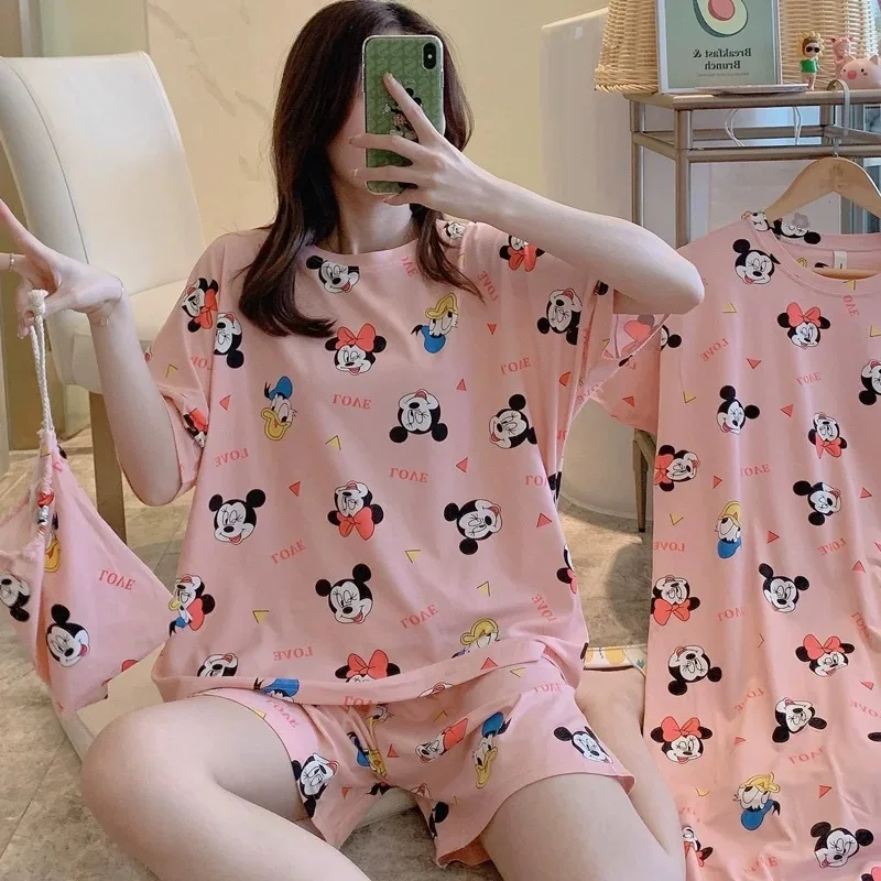 

Women Disney Pajamas Spring Autumn Cartoon Donald Duck Long Sleeve New Home Pajamas Living Clothes 2pcs Set Plaid Trousers