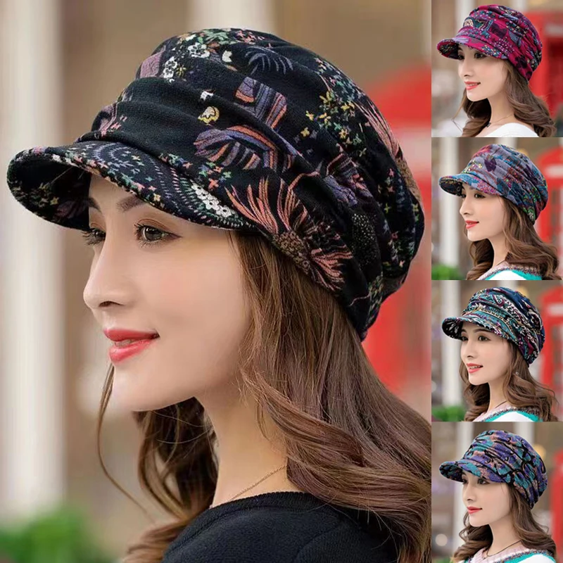 5 Colors Short Wide Brim Floral Print Earflap Hat Ethnic Windproof Foldable Warm Women Autumn Winter Outdoor Daily Cap Free Size sports caps